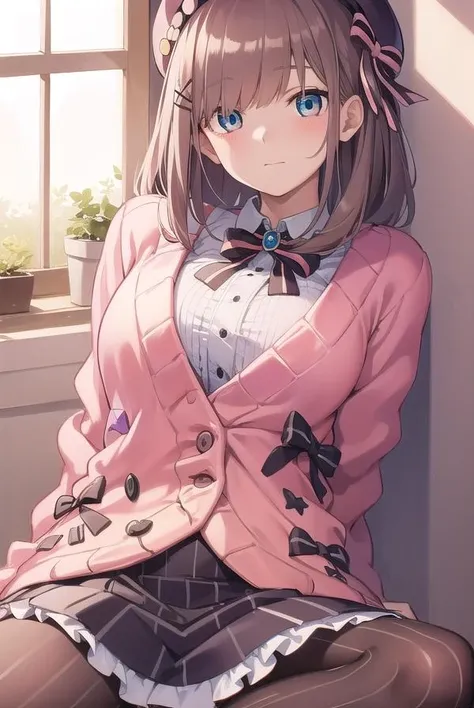 lulusuzuhara, <lora:lulusuzuharatest:1>,
lulu suzuhara, blue eyes, brown hair, hair ornament, hair over one eye, hair ribbon,
BREAK hat, beret, boots, bow, bowtie, brooch, buttons, cardigan, frills, jewelry, pantyhose, ribbon, skirt, striped, striped pantyhose, striped skirt, vertical stripes, vertical-striped pantyhose, virtual youtuber, (pink cardigan:1.5),
BREAK looking at viewer,
BREAK indoors,
BREAK <lora:GoodHands-vanilla:1>, (masterpiece:1.2), best quality, high resolution, unity 8k wallpaper, (illustration:0.8), (beautiful detailed eyes:1.6), extremely detailed face, perfect lighting, extremely detailed CG, (perfect hands, perfect anatomy),