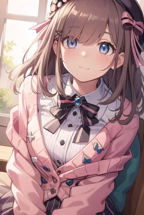 lulusuzuhara, <lora:lulusuzuharatest:1>,
lulu suzuhara, blue eyes, brown hair, hair ornament, hair over one eye, hair ribbon,
BREAK hat, beret, boots, bow, bowtie, brooch, buttons, cardigan, frills, jewelry, pantyhose, ribbon, skirt, striped, striped pantyhose, striped skirt, vertical stripes, vertical-striped pantyhose, virtual youtuber, (pink cardigan:1.5),
BREAK looking at viewer,
BREAK indoors,
BREAK <lora:GoodHands-vanilla:1>, (masterpiece:1.2), best quality, high resolution, unity 8k wallpaper, (illustration:0.8), (beautiful detailed eyes:1.6), extremely detailed face, perfect lighting, extremely detailed CG, (perfect hands, perfect anatomy),