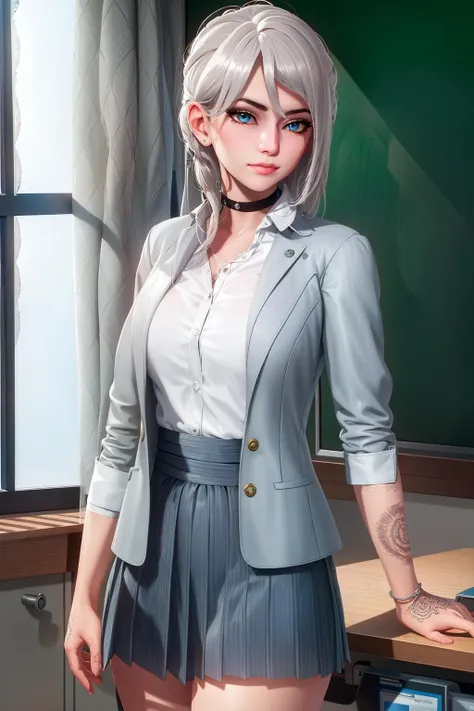 masterpiece, (ultra detailed background, delicate pattern, intricate detail), (highly detailed, fine details), best quality, beautiful lighting, 1girl, solo, Alex, lips, blue eyes, long hair, arm tattoo, leg tattoo, two-tone hair, white hair, gray hair, choker, ((slim girl)), (gray jacket, dark-blue skirt, short skirt, white collared shirt), complex detailed background, inside, classroom environment, school, blackboard, desk, window, closed mouth, looking at viewer, (cowboy shot), <lora:AlexNine:0.7>