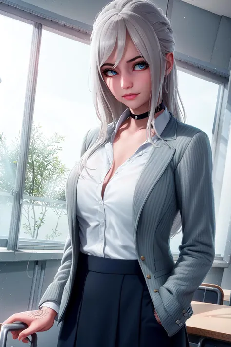masterpiece, (ultra detailed background, delicate pattern, intricate detail), (highly detailed, fine details), best quality, beautiful lighting, 1girl, solo, Alex, lips, blue eyes, long hair, arm tattoo, leg tattoo, two-tone hair, white hair, gray hair, choker, ((slim girl)), (gray jacket, dark-blue skirt, short skirt, white collared shirt), complex detailed background, inside, classroom environment, school, blackboard, desk, window, closed mouth, looking at viewer, (cowboy shot), <lora:AlexNine:0.7>
