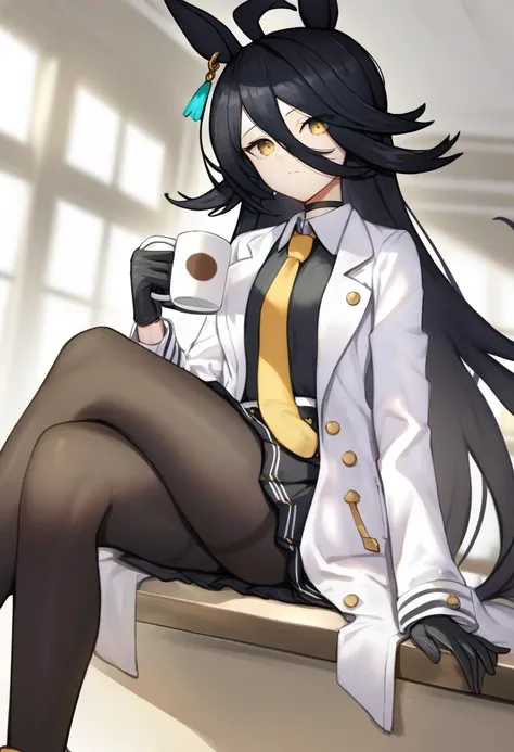 score_9, score_8_up, score_7_up, score_6_up, <lora:DPOXL:1> <lora:scottieXL_JS2_lokr_V1225:1> 1girl, manhattan cafe \(umamusume\), solo, crossed legs, animal ears, ahoge, cup, black hair, hair between eyes, mug, holding cup, long hair, sitting, necktie, agnes tachyon \(umamusume\), yellow eyes, gloves, holding, skirt, single earring, coffee mug, black gloves, labcoat, pantyhose, black pantyhose, horse ears, horse girl, shirt, bangs, looking at viewer, long sleeves, yellow necktie, jacket, earrings, black skirt, closed mouth, very long hair, jewelry, choker, shoes, pleated skirt, coffee