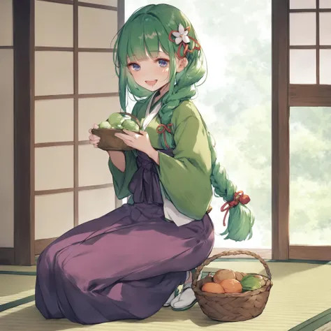 score_9, score_8_up, score_7_up, score_6_up, score_5_up, score_4_up, 1girl,solo,blue eyes,green hair,green footwear,braided basket,full body,skirt,bangs,looking at viewer,long skirt,hair ribbon,ribbon,purple skirt,blunt bangs,long sleeves,green miko,old japanese clothes,ming dynasty,kneeling,herbs,naughty_face,open mouth,sweatdrop,seductive_smile,hair hair ornament,eating herb,saliva,tatami,blush,green top,