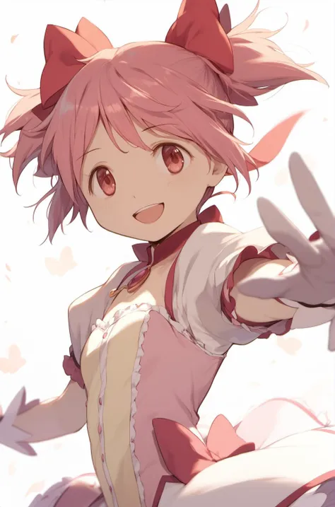 madoka \(Puella Magi Madoka Magica\),1girl,magical girl,short twintails,<lora:madoka_pony_v2:0.7>,cowboy_shot,reaching_out,kind_smile,, score_9,score_8_up,score_7_up,score_6_up,score_5_up,score_4_up,