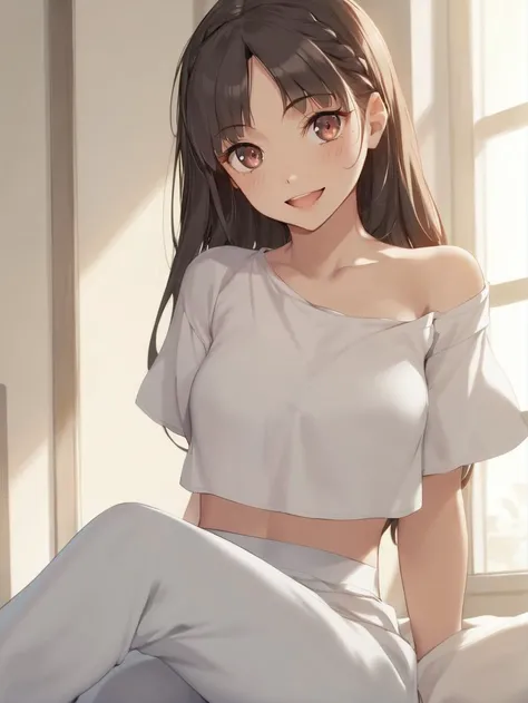 score_9, score_8_up, score_7_up, best quality, masterpiece, 4k, perfect lighting, anime BREAK,[shy|confident], sitting, [cross leg|leg down], long hair:0.6, baggy shirt, sweatpants:1.2, off the shoulder,<lora:makoto_xl_rev2:1.2> ,<lora:abec_XL:0.9>, <lora:EGirlMakeup_XL:0.8>, <lora:more_details:0.7> <lora:csm_power_xl:0.5>, contrast, daylight,crop top:0.5, modest dress, excited,happy, lover, face on, facing viewer, smile, sweet, 1girl:1.3, beautiful, side lighting, outstretched arms, arms forward,