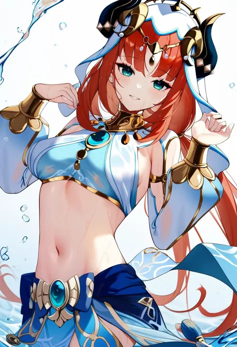 genshin_impact nilou_(genshin_impact) absurdres commentary_request highres korean_commentary partial_commentary 1girl :d armpit_cutout blue_eyes blue_skirt blush breasts breasts_apart circlet clothing_cutout cowboy_shot fake_horns gold_trim headdress horns hydrokinesis long_hair long_sleeves looking_at_viewer medium_breasts midriff navel parted_bangs puffy_long_sleeves puffy_sleeves red_hair skirt smile solo stomach thighlet very_long_hair water white_veil nipples