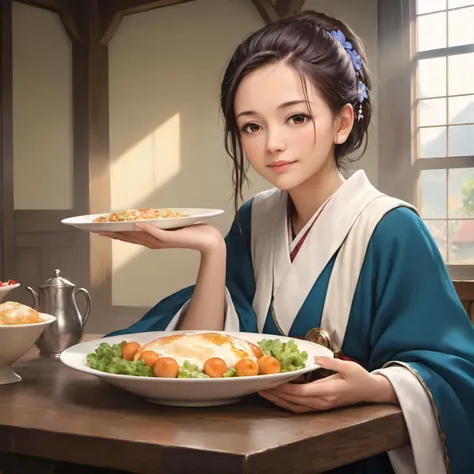 score_9, score_8_up, score_7_up, best quality, masterpiece, 4k, uncensored, prefect lighting, rating_explicit, very aesthetic, [[[[Oil Painting]]]], 1 japan girl, realistic skin, having a dinner,
looking at viewer,  ((an extremely delicate and beautiful face)), detailed face,
HD,masterpiece, best quality,hyper detailed,ultra detailed, detail body, full body, 
(fantasy background),
detailed background,
<lora:add-detail-xl:0.5> ,
official art,
cinematic angle, cinematic lighting, highly detailed, Amazing, finely detail,
<lora:neg4all_bdsqlsz_xl_V7:0.9>,  <lora:Oil Painting Style XL:0.75>