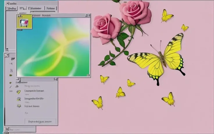 pink rose and yellow butterfly, in windows 95 background,