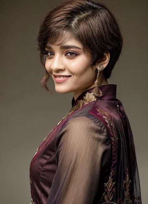 portrait of skswoman, smile , wearing embroidered , with burgundy Blunt haircut , background vatican city epic (photo, studio lighting, hard light, sony a7, 50 mm, matte skin, pores, colors, hyperdetailed, hyperrealistic), <lyco:Ritika Singh:1.1>