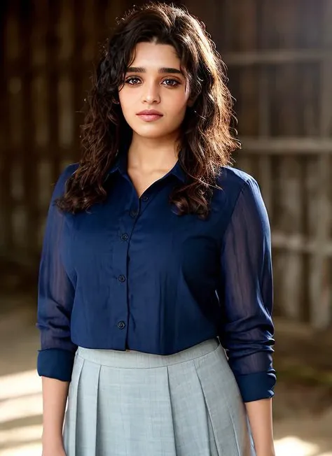 portrait of skswoman, :| , wearing skirt , with Choppy layers , background barn epic (photo, studio lighting, hard light, sony a7, 50 mm, matte skin, pores, colors, hyperdetailed, hyperrealistic), <lyco:Ritika Singh:1.1>