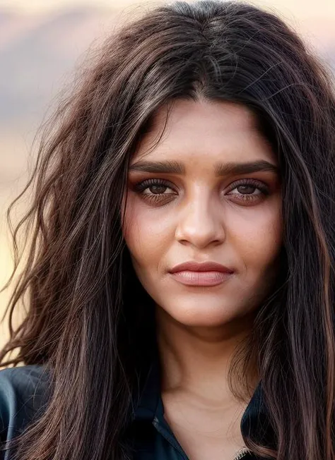 closeup portrait of skswoman, ashamed , wearing jumpsuit , with Straight hair , background desert epic (photo, studio lighting, hard light, sony a7, 50 mm, matte skin, pores, colors, hyperdetailed, hyperrealistic), <lyco:Ritika Singh:1.1>