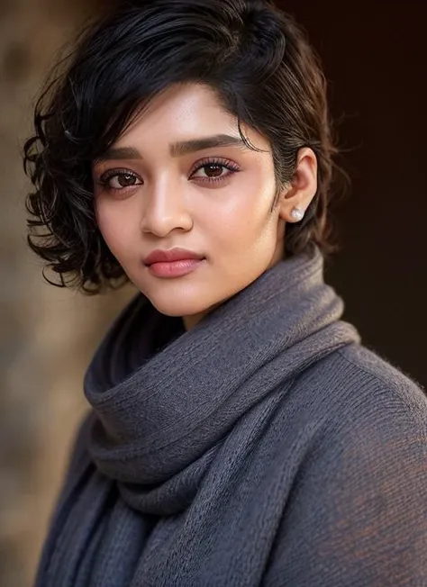 closeup portrait of skswoman, surprised , wearing cashmere , with Shag haircut , background dungeon epic (photo, studio lighting, hard light, sony a7, 50 mm, matte skin, pores, colors, hyperdetailed, hyperrealistic), <lyco:Ritika Singh:1.1>