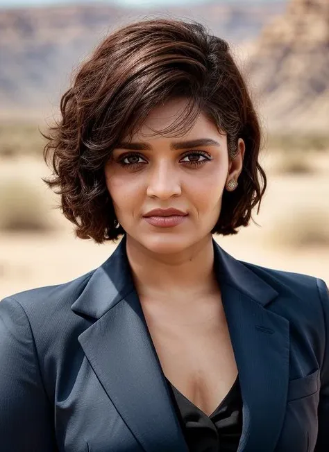 closeup portrait of skswoman, hopeful , wearing business attire , with Asymmetrical haircut , background desert epic (photo, studio lighting, hard light, sony a7, 50 mm, matte skin, pores, colors, hyperdetailed, hyperrealistic), <lyco:Ritika Singh:1.1>