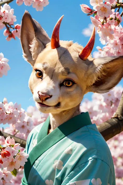 Shino, furry, red horns,deer ears,orange eyes,hooves,white fur,makeup,eyeshadow, green kimono, looking at viewer, smiling,close up, outside, cherry blossom, blue sky, high quality, masterpiece, <lora:ShinoV2:.7>