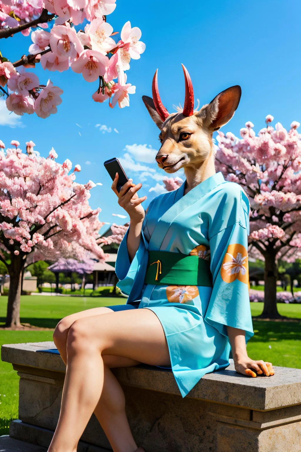 Shino, furry, red horns,deer ears,orange eyes,hooves,white fur,makeup,eyeshadow, green kimono,sash, looking at viewer, serious, smiling, sitting, on stone bench, holding cell phone, outside, field, cherry blossom,blue sky, high quality, masterpiece, <lora:ShinoV2:.7>
