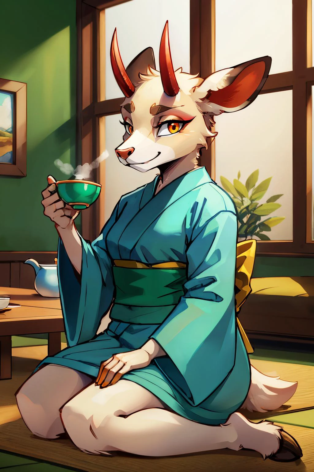 Shino, furry, red horns,deer ears,orange eyes,hooves,white fur,makeup,eyeshadow, green kimono,sash, looking at viewer, serious, smiling, sitting, wariza, inisde, living room, table, tea cup, high quality, masterpiece, <lora:ShinoV2:.7>