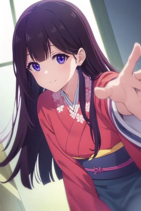 aikasakuranomiya, <lora:aika sakuranomiya s1-lora-nochekaiser:1>,
aika sakuranomiya, long hair, bangs, purple hair, (purple eyes:1.1), blunt bangs, smile,
BREAK japanese clothes, kimono, sash, obi, red kimono,
BREAK indoors,
BREAK looking at viewer, (cowboy shot:1.5),
BREAK <lyco:GoodHands-beta2:1>, (masterpiece:1.2), best quality, high resolution, unity 8k wallpaper, (illustration:0.8), (beautiful detailed eyes:1.6), extremely detailed face, perfect lighting, extremely detailed CG, (perfect hands, perfect anatomy),