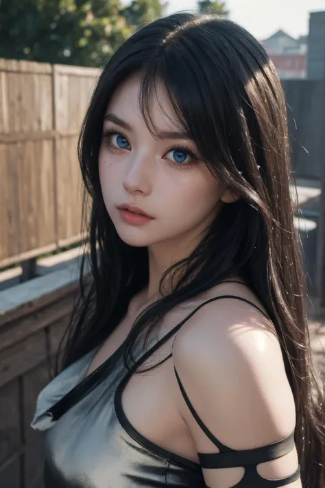 (Best Quality, Masterpiece:1.4), (Realism:1.2), (Realisitc:1.2), (Absurdres:1.2), (photorealistic:1.3), 1 girl,Realistic Skin,Solo,( Very Big Eyes,beautiful detailed eyes, symmetric eyes,), full body, outdoors, <lora:a2_nierautomata:0.8> ,a2 nierautomata, gloves, black gloves, elbow gloves, mole, tank top, hair between eyes, long dress