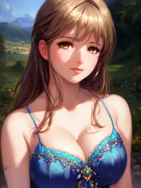 pino daeni, ilya kuvshinov, sophie anderson, yeero, (((landscape))), (((upper body))), busty young gyaru, (seductive pose), (seductive expression), ((masterpiece)), (squished), (beautiful face), (beautiful eyes), (concept art), (((detailed))), ((intricate)), pixiv, light novel, uhd, vivid colors, sharp