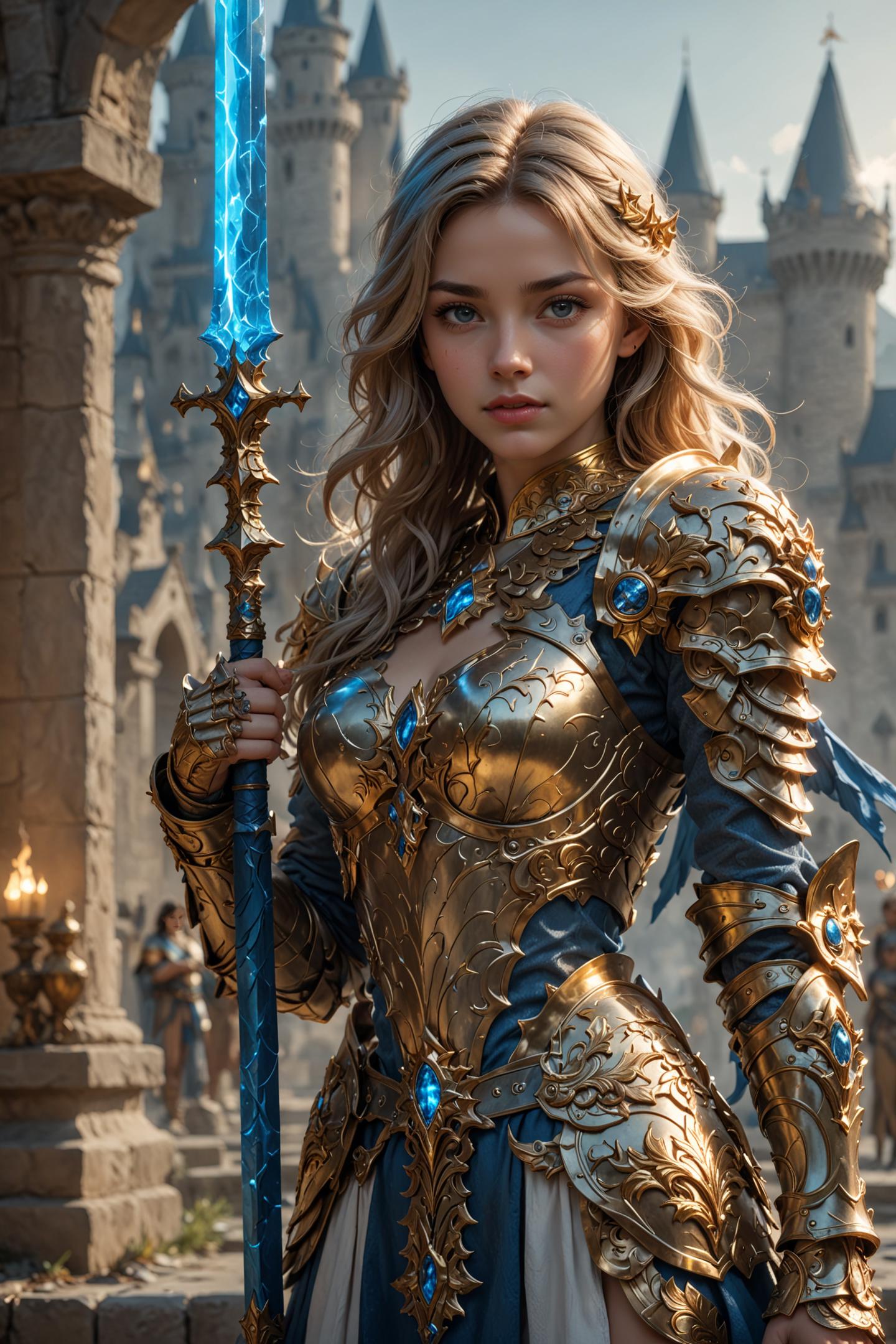 A woman in a blue and gold costume holding a sword - SeaArt AI