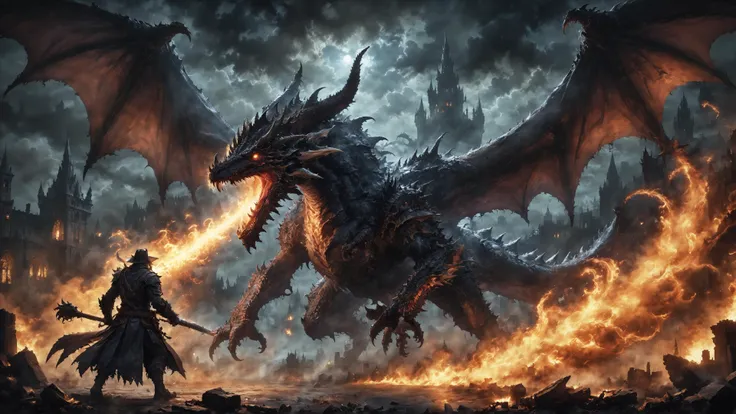 dark fantasy art style, bloodborne hunter fighting a giant fantasy dragon, burned city of yharnam in background, highly detailed, at night, (mystical dense fog), oil and watercolor painting, epic scene, (dense smoke by Kim Keever), dark, moody, dark fantasy in style of Frank Frazetta, Bosstyle,<lora:XL_boss_battle:0.3>,<lora:FireBreath:0.7>
