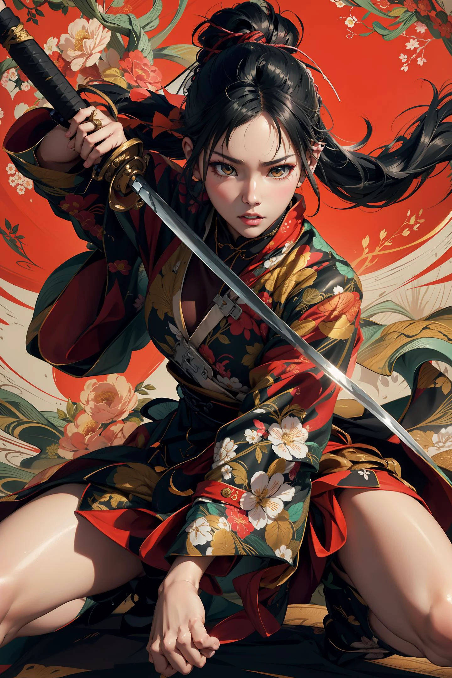 xuer ai yazawa style girl,1girl,solo,holding weapon,katana,floral print,looking at viewer,fighting stance,eastern dragon,braid,floral print,Ink,ink splatter,<lora:绪å¿-æ¦å£«å°å¥³V2 xuer ai yazawa style girl:0.8>