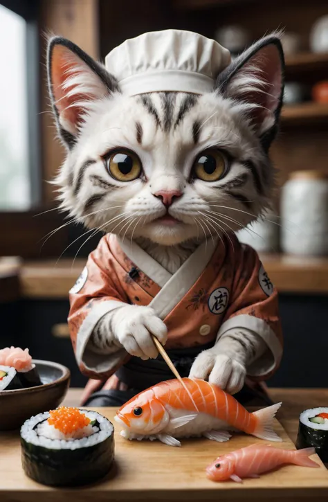 amazing quality, ultra detailed,
Japanese sushi chef kitten is making fish sushi by hand, looking at sushi,
<lora:extremely_detailed:1.5>, extremely detailed,