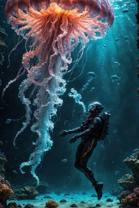 amazing quality, masterpiece, best quality, hyper detailed, ultra detailed, UHD, perfect anatomy, portrait, dof, hyper-realism, majestic, awesome, inspiring, tiny diver infront of neon giant jellyfish in space water, cinamatic composition, soft shadows, national geographic style