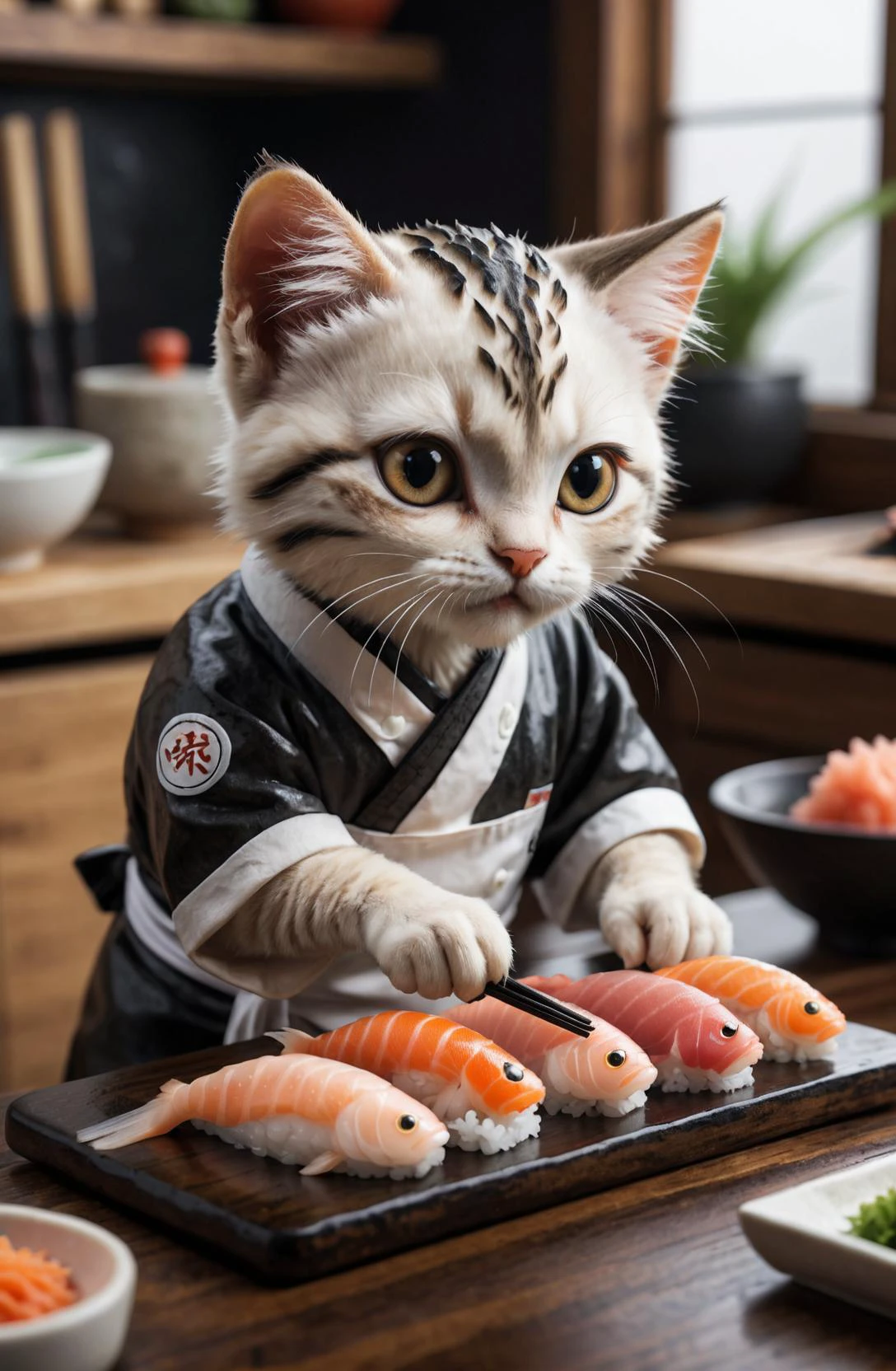 amazing quality, ultra detailed,
Japanese sushi chef kitten is making fish sushi by hand, looking down,
<lora:extremely_detailed:1.5>, extremely detailed,