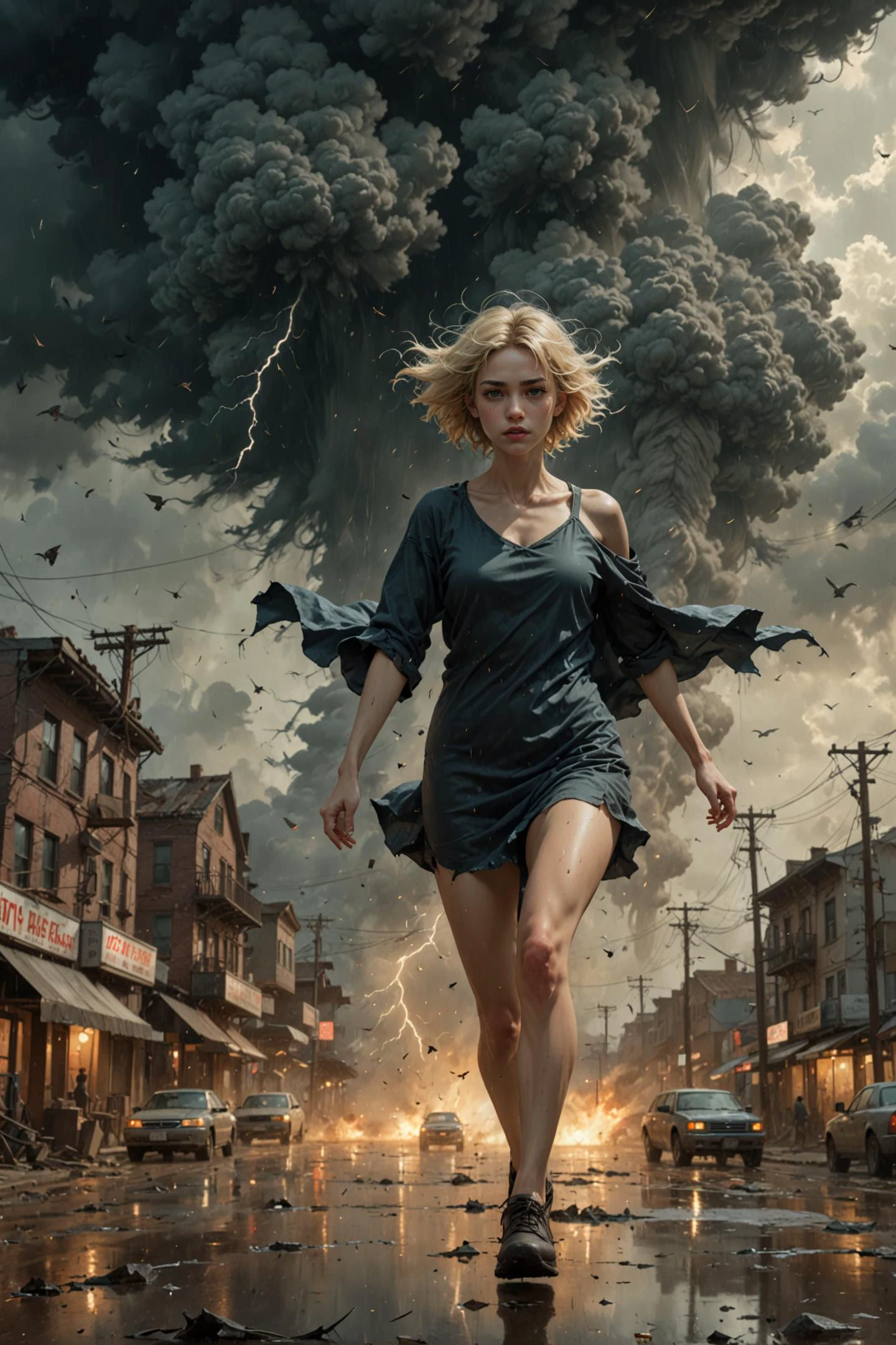 ((stunning anime manga art)) of young woman running away from giant tornado, ((concept art style)), masterpiece, visually stunning, evocative, best quality, very intricate and very detailed:1.5, (((by Jeremy Mann and Wadim Kashin)))