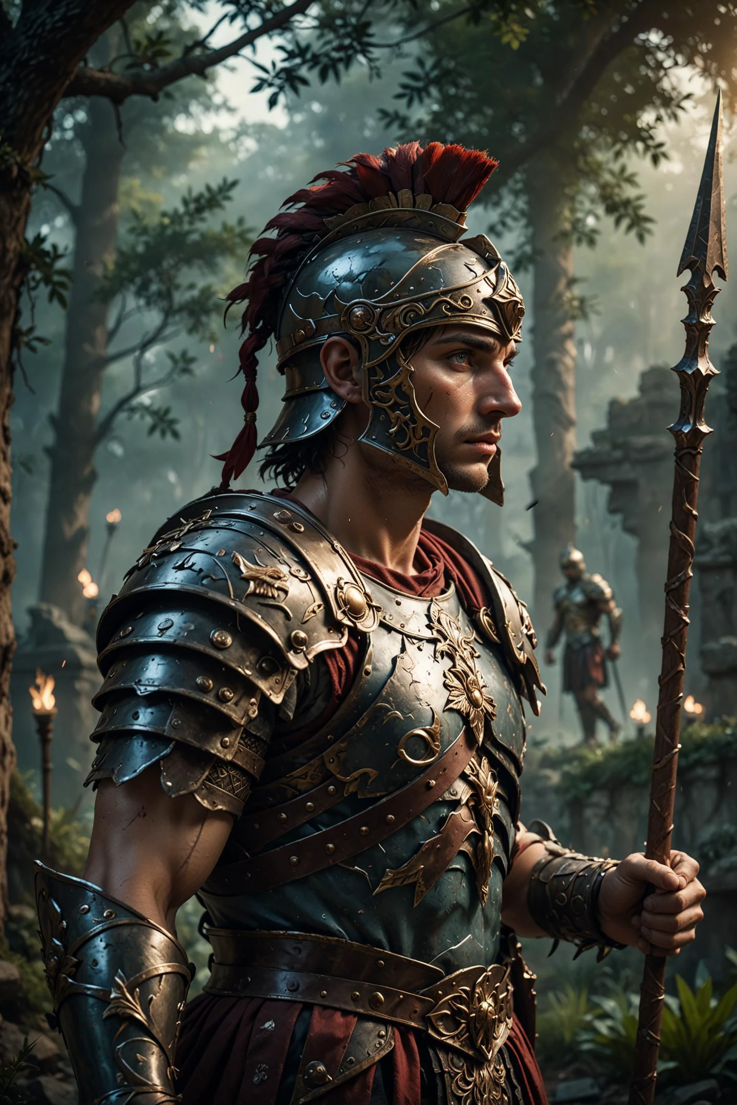 Side View of a Roman Warrior pierced By a spear, infront of Overgrown Titan abyss, bloody, cruel, mystic, ethereal, darkness, atmospheric haze, Film grain, cinematic film still, shallow depth of field, highly detailed, high budget, cinemascope, moody, epic, OverallDetail, 2000s vintage RAW photo, photorealistic, candid camera, color graded cinematic, eye catchlights, atmospheric lighting, imperfections, natural, shallow dof,<lora:XL_Weapon_Spear_-_By_HailoKnight:0.7>,<lora:RMSDXL_Enhance>