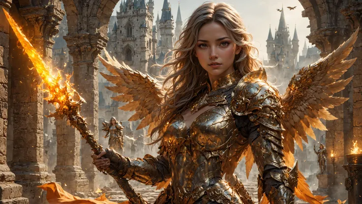 Cinematic shot of adult beautiful female angel knight wearing golden armor,  holding orange glowing spear, castle in background, hkstyle, HD, masterpiece, best quality, hyper detailed, ultra detailed, super realistic,ral-bling,<lora:XL_Weapon_Spear_-_By_HailoKnight:0.8>,<lora:RMSDXL_Enhance>,<lora:ral-bling-sdxl:0.5>,<lora:FantasyKnightsHKStyle:0.7>,