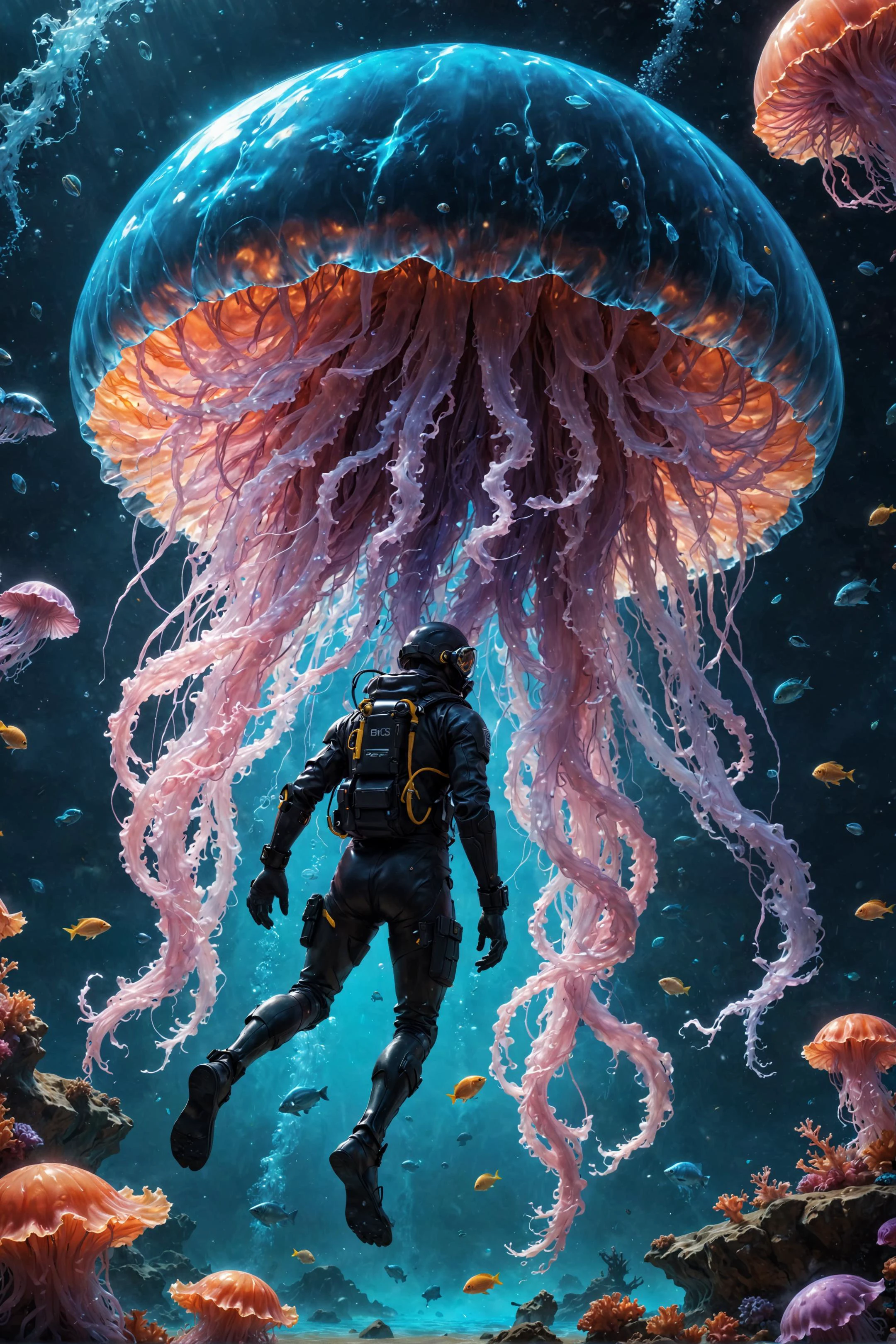 amazing quality, masterpiece, best quality, hyper detailed, ultra detailed, UHD, perfect anatomy, portrait, dof, hyper-realism, majestic, awesome, inspiring, tiny diver infront of neon giant jellyfish in space water, cinamatic composition, soft shadows, national geographic style