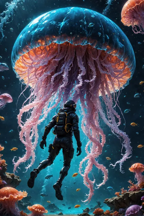 amazing quality, masterpiece, best quality, hyper detailed, ultra detailed, UHD, perfect anatomy, portrait, dof, hyper-realism, majestic, awesome, inspiring, tiny diver infront of neon giant jellyfish in space water, cinamatic composition, soft shadows, national geographic style