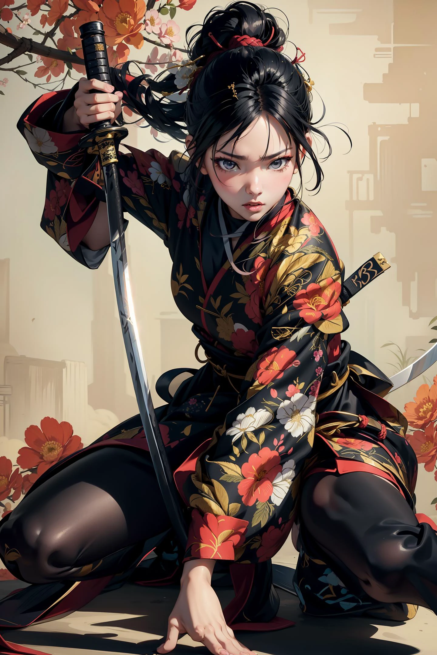 xuer ai yazawa style girl,1girl,solo,holding weapon,katana,floral print,looking at viewer,fighting stance,eastern dragon,braid,floral print,Ink,ink splatter,<lora:绪å¿-æ¦å£«å°å¥³V2 xuer ai yazawa style girl:0.8>
