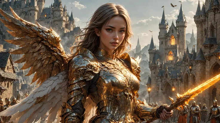 Cinematic shot of adult beautiful female angel knight wearing golden armor,  holding orange glowing spear, castle in background, hkstyle, HD, masterpiece, best quality, hyper detailed, ultra detailed, super realistic,ral-bling,<lora:XL_Weapon_Spear_-_By_HailoKnight:0.8>,<lora:RMSDXL_Enhance>,<lora:ral-bling-sdxl:0.5>,<lora:FantasyKnightsHKStyle:0.7>,