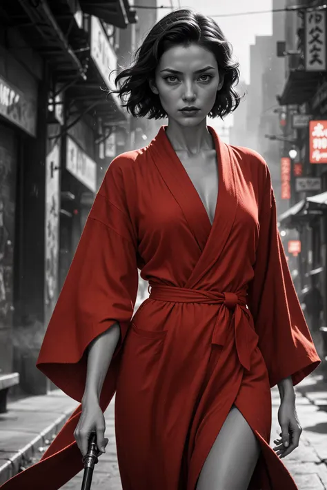 super closeup portrait, Amidst the smoky haze of the 1940s noir cityscape, a half-human, half-cyborg woman emerges from the shadows. Clad in a vibrant red bathrobe, she wields a gleaming samurai sword with a purpose. As she strides towards you, her eyes piercing through the monochrome atmosphere, capture the essence of this cinematic moment in the style reminiscent of Sin City. very detailed, raw photo, photorealistic, high detailed texture, 8k