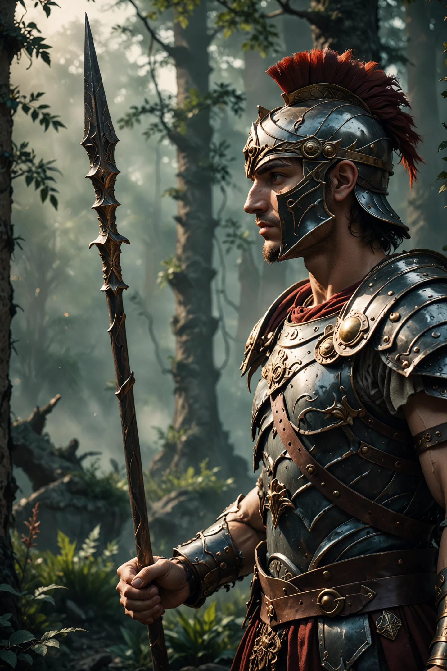 Side View of a Roman Warrior pierced By a spear, infront of Overgrown Titan abyss, bloody, cruel, mystic, ethereal, darkness, atmospheric haze, Film grain, cinematic film still, shallow depth of field, highly detailed, high budget, cinemascope, moody, epic, OverallDetail, 2000s vintage RAW photo, photorealistic, candid camera, color graded cinematic, eye catchlights, atmospheric lighting, imperfections, natural, shallow dof,<lora:XL_Weapon_Spear_-_By_HailoKnight:0.7>,<lora:RMSDXL_Enhance>