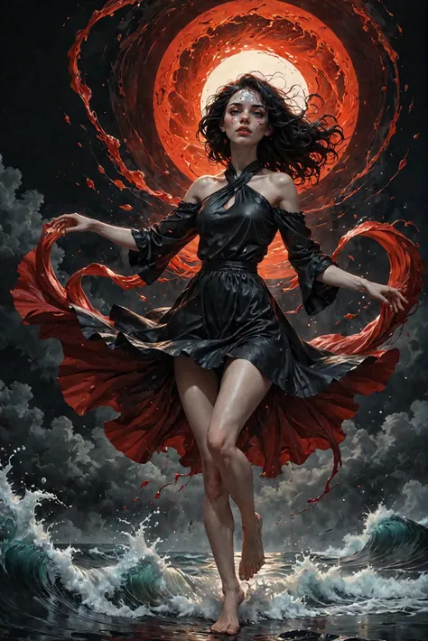 amazing quality, masterpiece, best quality, hyper detailed, ultra detailed, UHD, perfect anatomy, woman dancing in the black hole, splashing, ripples. on black canvas in the style of guillem h. pongiluppi, abigail larson, ominous landscapes, john sloane, black, light gray and red, energy-filled illustrations