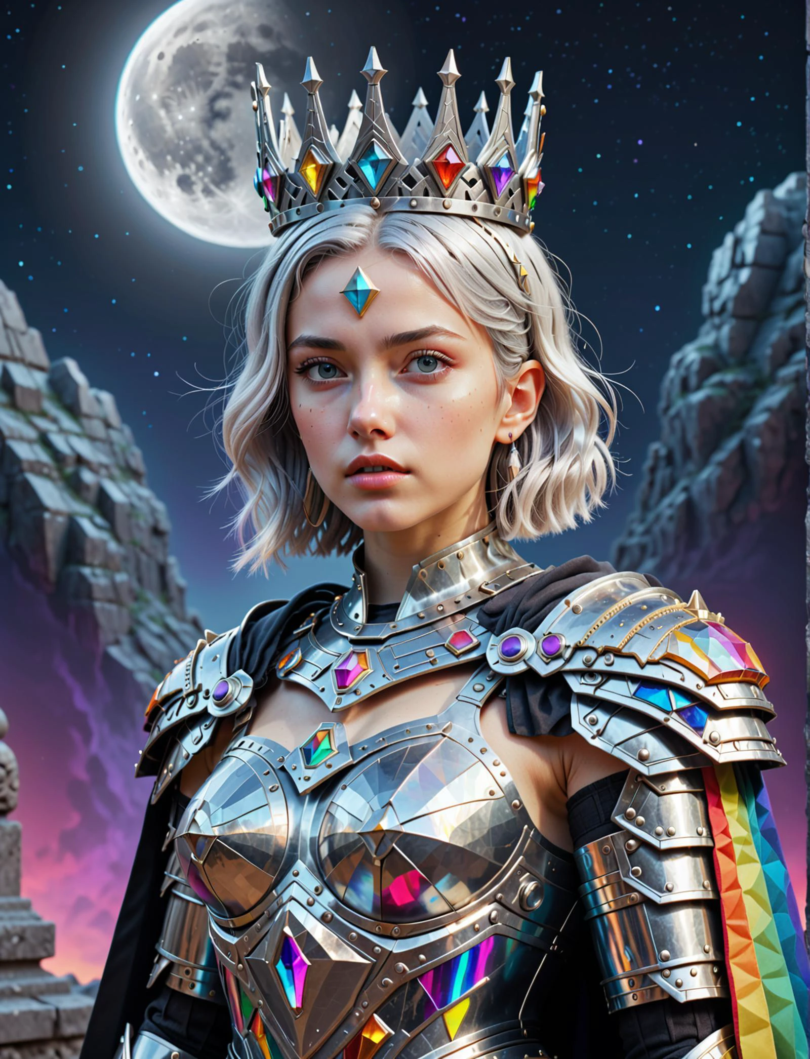 futuristic sexy princesses armor, vibrant colors, women, silver hair, small princesses crown, black cape, intricate details, gorgeous, weird, serious, roman ruins, (night sky), foggy, 3D front-facing portrait of a lowpoly made of polygons, illuminated by a holographic gradient that shifts through a spectrum of vibrant colors, Detailed Illustration, Beyond_Realistic, (moon) clouds, BSDXLPositive