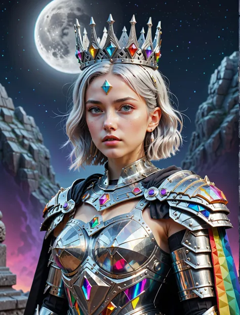 futuristic sexy princesses armor, vibrant colors, women, silver hair, small princesses crown, black cape, intricate details, gorgeous, weird, serious, roman ruins, (night sky), foggy, 3D front-facing portrait of a lowpoly made of polygons, illuminated by a holographic gradient that shifts through a spectrum of vibrant colors, Detailed Illustration, Beyond_Realistic, (moon) clouds,  BSDXLPositive