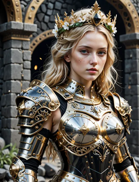 Beyond_Realistic, futuristic sexy princesses armor, gold black, women, blond hair, princesses flower crown, intricate details, gorgeous, weird, serious, which is a plan for the design of a computer in the style of Leonardo Da Vinci, background black stones, DOF, ultra detailed image, dust particles