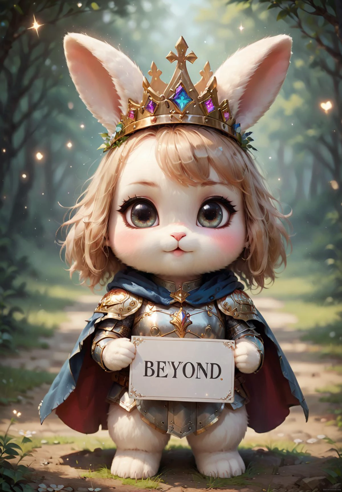 B_Realistic, a cute fluffy bunny, kawaii, adorable big gorgeous eyes, in a armor vivid, cape, crown bokeh, supper ulta cute, AWWW, lovely, sparkles, holding sign text "Beyond":1.5