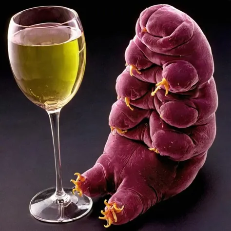 A tardigrade sitting at a table drinking wine, vibrant colors, black background, 8k, High definition, vibrant colors <lora:Tardi:.7>