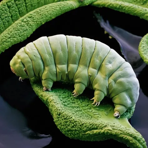 A colorful tardigrade sitting on a beautiful green leaf, nature scene, photograph, <lora:Tardi:.7>