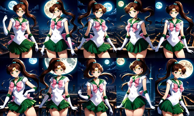 (masterpiece, best quality, very aesthetic, ultra detailed), intricate details, 4k, aajupiter, long hair, ponytail, hair bobbles, tiara, earrings, green eyes, green choker, green sailor collar, pink bowtie, white shirt, white leotard, elbow gloves, white gloves, green skirt, pink bow, <lora:sailor_jupiter_XL_v1:0.9>, standing, cowboy shot, smile, night, moon, city