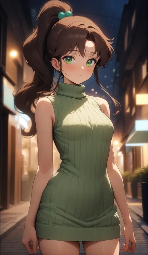 (masterpiece, best quality, very aesthetic, ultra detailed), intricate details, 4k, aajupiter, long hair, ponytail, hair bobbles, green eyes, <lora:sailor_jupiter_XL_v1:0.9>, ribbed sweater, sweater dress, sleeveless, turtleneck, night, street, standing, cowboy shot