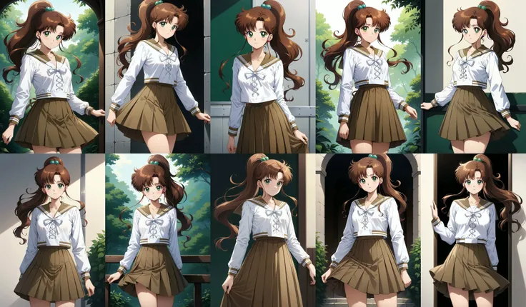 (masterpiece, best quality, very aesthetic, ultra detailed), intricate details, 4k, aajupiter, long hair, brown hair, ponytail, hair bobbles, green eyes, school uniform, brown sailor collar, white shirt, white ribbon, long sleeves, long skirt, brown skirt, <lora:sailor_jupiter_animaginexl_v2:0.9>, standing, cowboy shot,