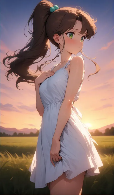 (masterpiece, best quality, very aesthetic, ultra detailed), intricate details, 4k, aajupiter, long hair, ponytail, hair bobbles, green eyes, <lora:sailor_jupiter_XL_v1:0.9>, sundress, sunset, field, standing, hand on own chest, from side