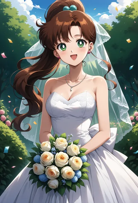 (masterpiece, best quality, very aesthetic, ultra detailed), intricate details, 4k, aajupiter, long hair, brown hair, ponytail, hair bobbles, earrings, green eyes, <lora:sailor_jupiter_animaginexl_v2:0.9>, wedding dress, white dress, strapless, necklace, garden, confetti, smile, open mouth, tearing up, cowboy shot, standing, holding bouquet, bridal veil
