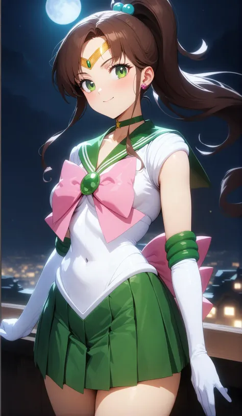 (masterpiece, best quality, very aesthetic, ultra detailed), intricate details, 4k, aajupiter, long hair, ponytail, hair bobbles, tiara, earrings, green eyes, green choker, green sailor collar, pink bowtie, white shirt, white leotard, elbow gloves, white gloves, green skirt, pink bow, <lora:sailor_jupiter_XL_v1:0.9>, standing, cowboy shot, smile, night, moon, city